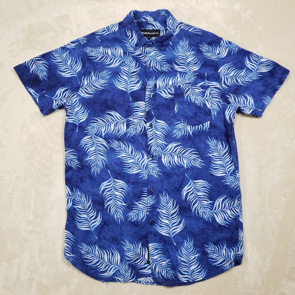 Molokai Surf Co. Button Up Shirt Mens Medium Blue Palm Leaf Rayon Hawaiian Aloha